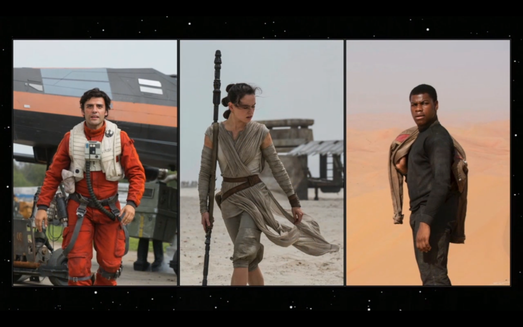 The new three leads of the Sequel Trilogy (Oscar Isaac, Daisy Ridley, and John Boyega).