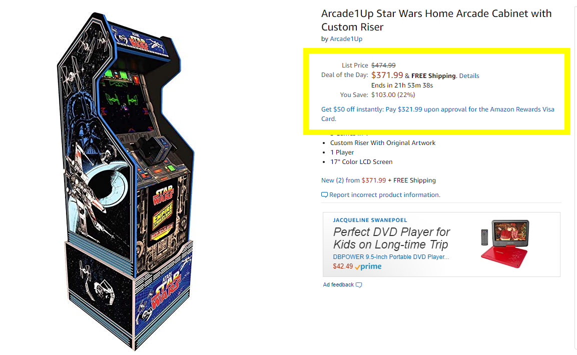 Arcade1up Star Wars Home Arcade Cabinet With Custom Riser Deal